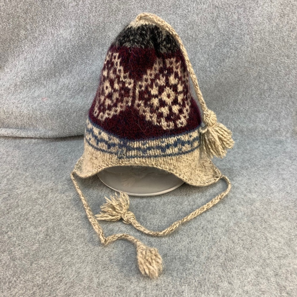 Fair Isle Snowflake Unisex Cream Knit Outerwear Trapper Hat 85% Wool Tassels OS